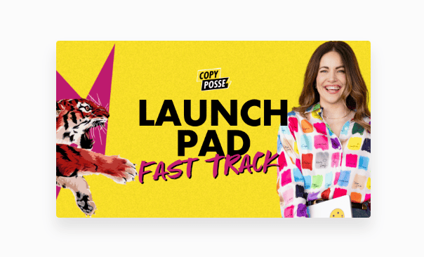 Bright yellow launch pad banner with a smiling woman and a tiger graphic.