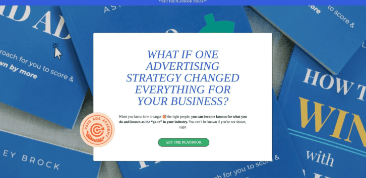 Ashley Brock – Paid Ads Playbook Vol. II Advertising strategy concept with blue cards and a call to action button.
