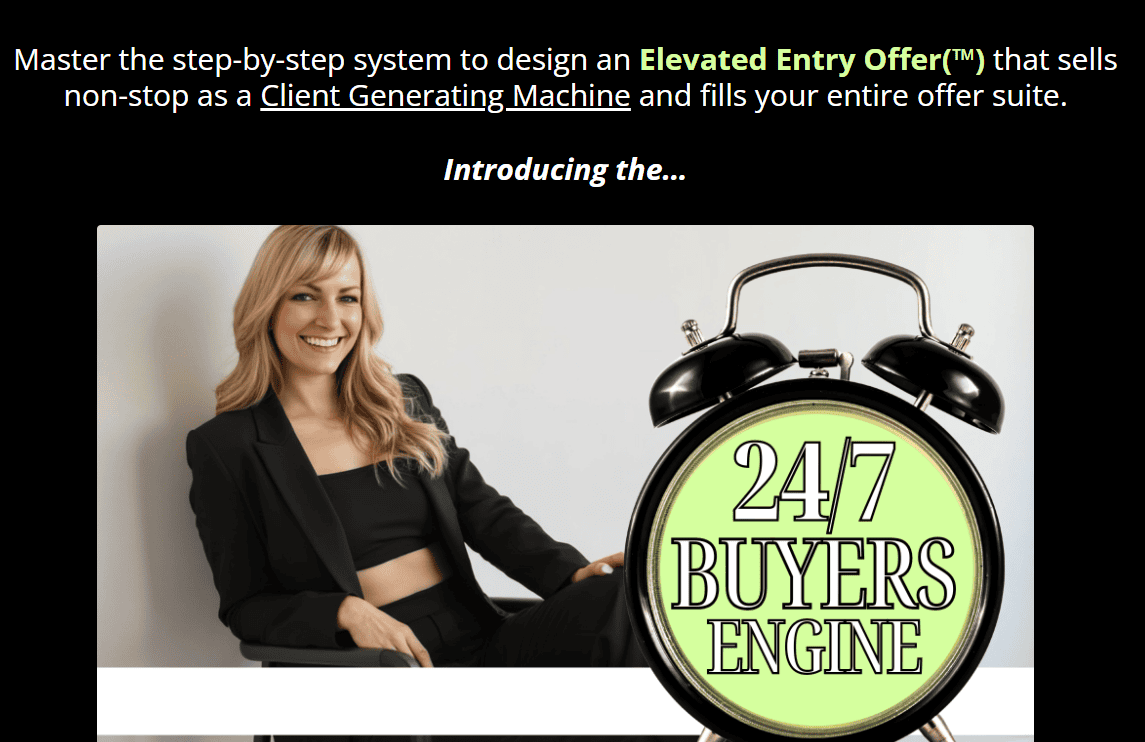Businesswoman with a clock showing 24/7 Buyers Engine for lead generation.