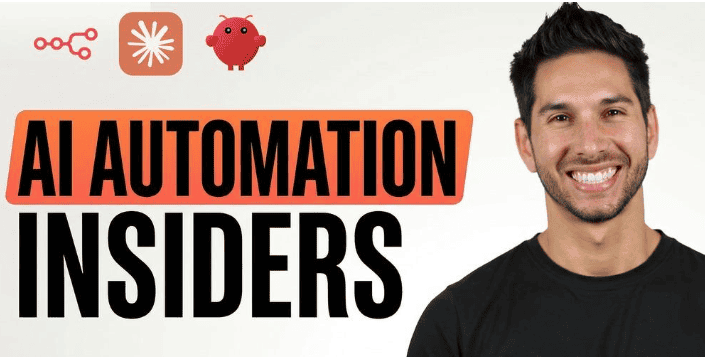 Smiling man with AI automation text and icons in background.