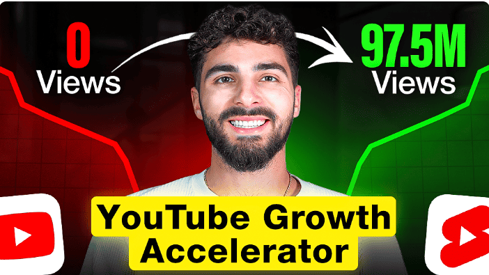 YouTube growth graph showing increase from 0 to 97.5M views with a smiling man.