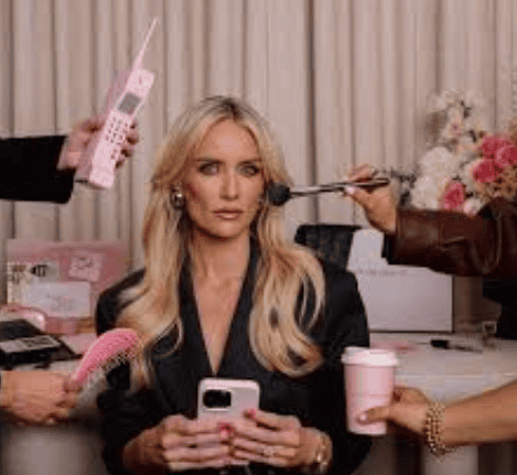 Woman receiving beauty treatments with phone and makeup tools.