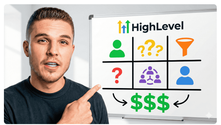 Quinn Nolan – Q’s Exclusive Mastermind Man pointing at a marketing strategy chart with icons and dollar signs.