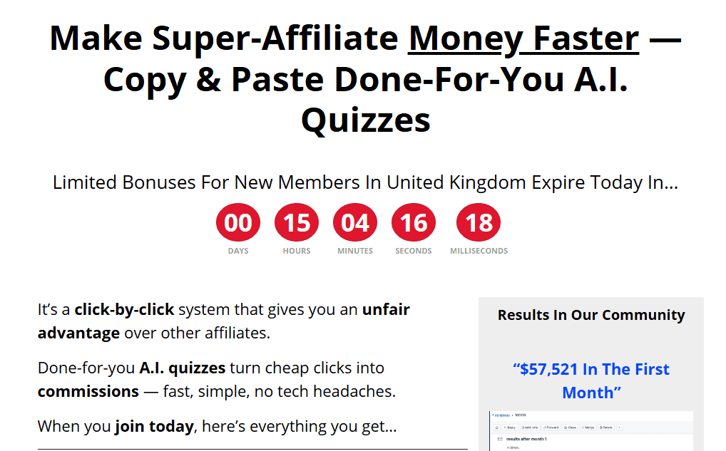 Affiliate marketing system for fast money with copy-paste A.I. quizzes.