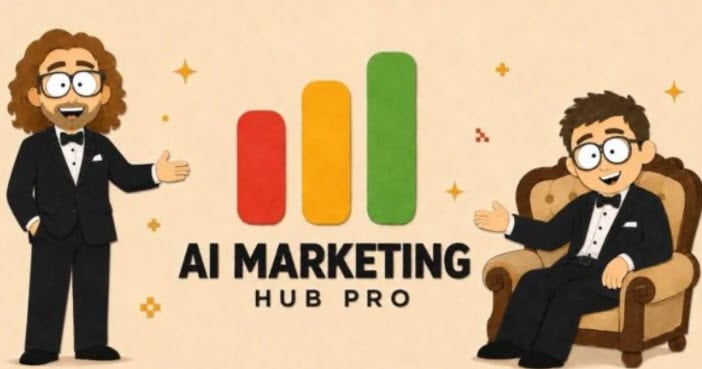AI Marketing Hub Pro logo with two cartoon characters in tuxedos.
