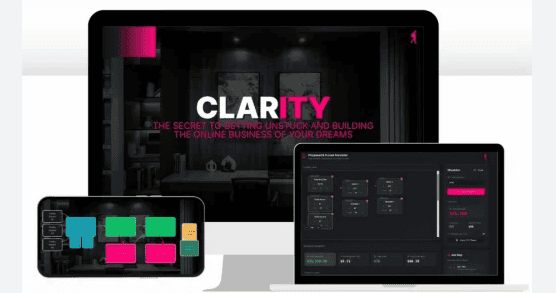 Clarity software interface on multiple devices for online business management.