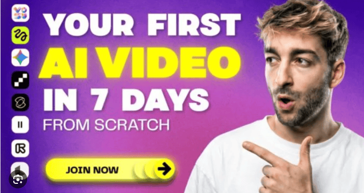 Promotional image for AI video creation course from scratch in 7 days.