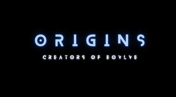 Origins logo with glowing blue text on black background.