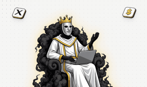 King wearing a crown using a laptop for digital marketing success.