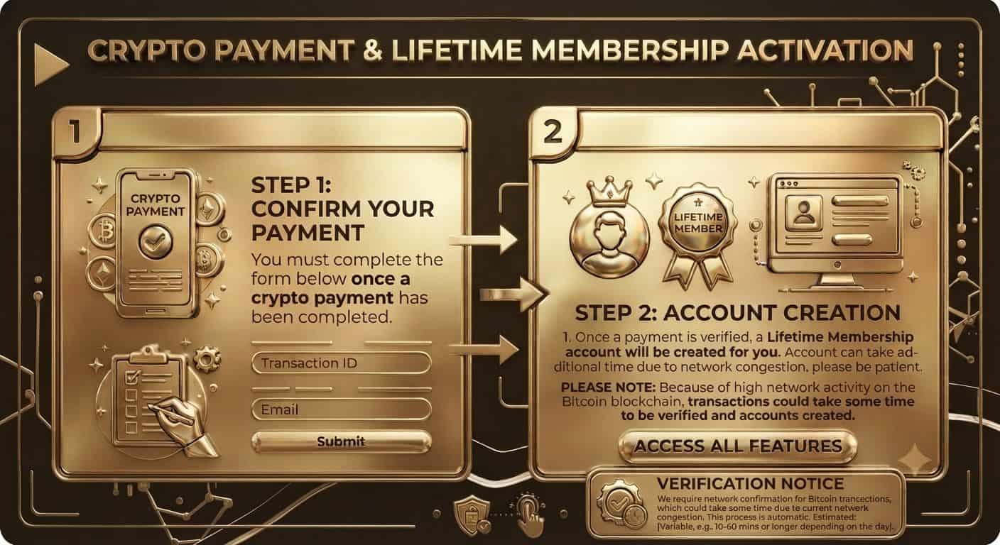 Step-by-step guide for crypto payment and membership activation.